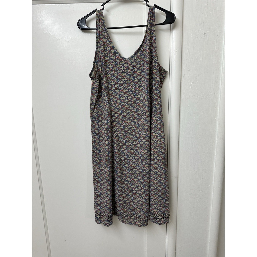 Toad & Co Sunkissed Petal Dress Brown Blue  Print Laser Cutout Hem Women's Sz L